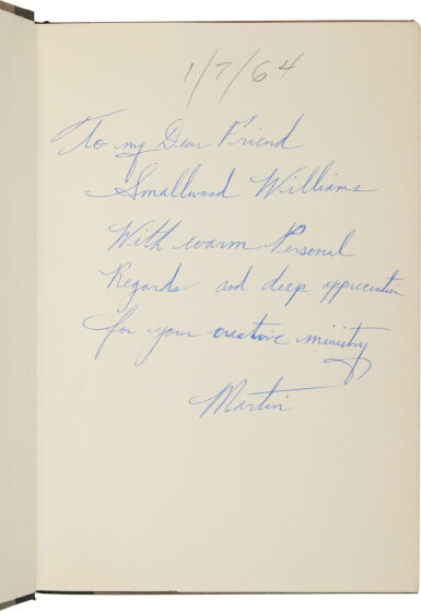 View full screen - View 1 of Lot 1127. King, Martin Luther, Jr. | Presentation copy, inscribed to Bishop Smallwood Williams.