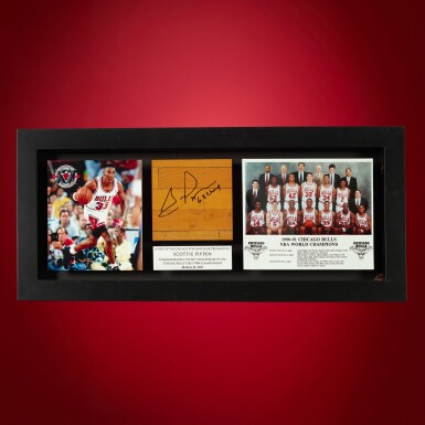 View full screen - View of Chicago Stadium Floor Piece Signed by Scottie Pippen.