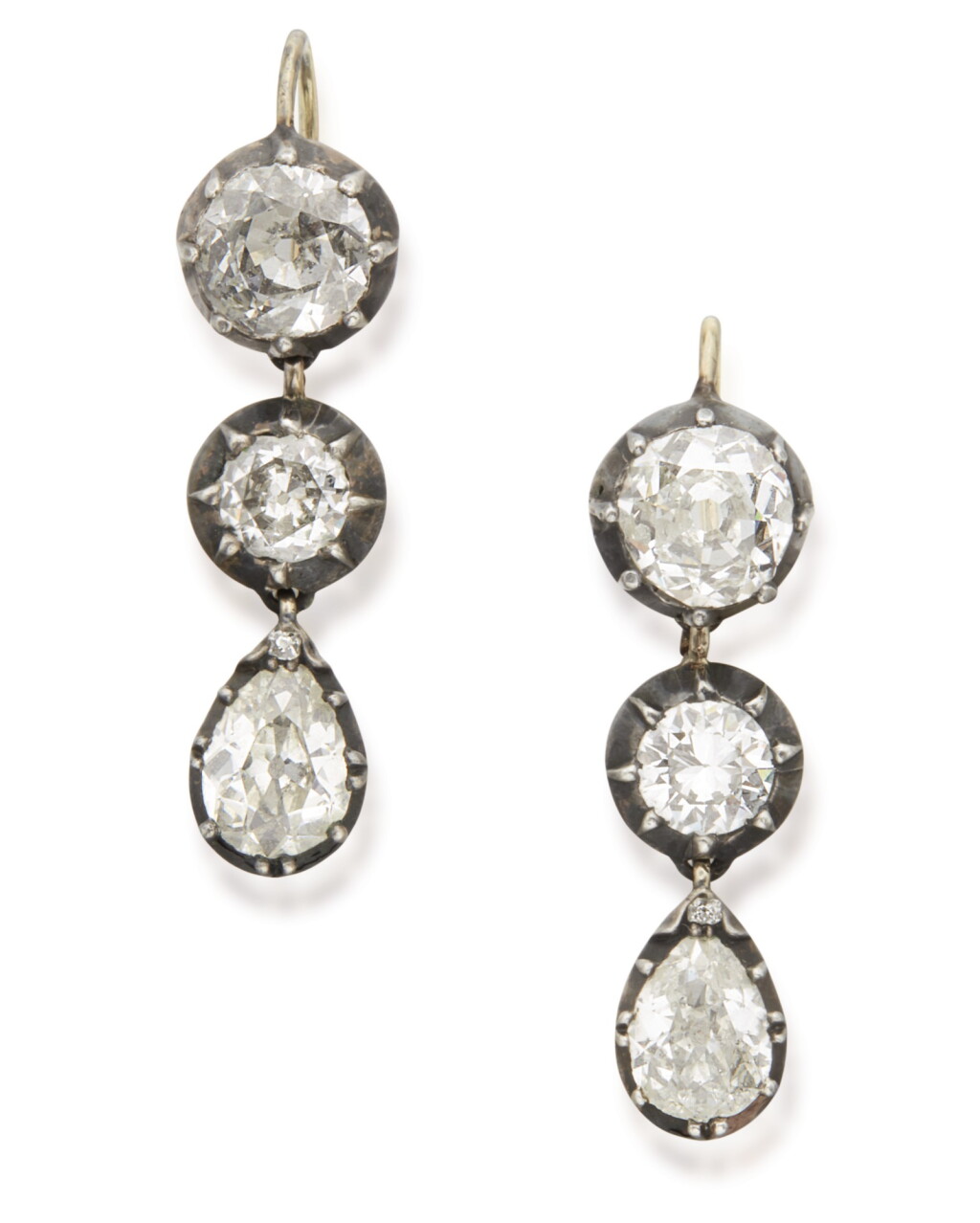 View full screen - View 1 of Lot 349. PAIR OF SILVER-TOPPED GOLD AND DIAMOND EARRINGS.