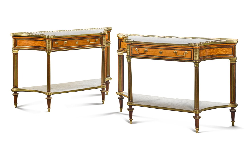 View full screen - View 1 of Lot 44. A MATCHED PAIR OF FRENCH GILT-BRONZE AND BRASS MOUNTED SATINWOOD AND AMARANTH CONSOLE DESSERTES, ONE LATE LOUIS XVI, CIRCA 1790, THE OTHER OF A LATER DATE.