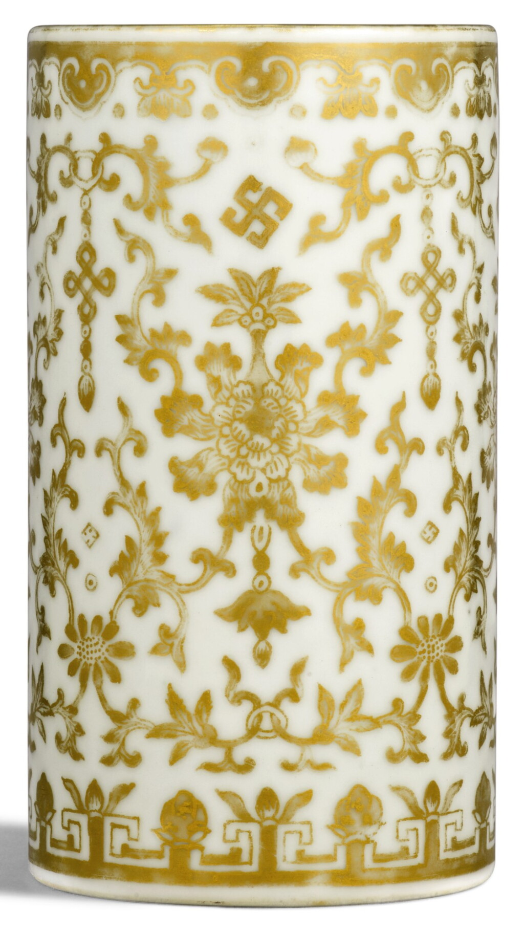 View full screen - View 1 of Lot 341. A SMALL GILT-DECORATED BRUSHPOT DAOGUANG SEAL MARK AND PERIOD | 清道光 粉青地描金纏枝番蓮紋筆筒 《大清道光年製》款.