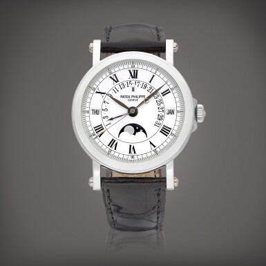 View full screen - View 1 of Lot 2124. Reference 5059 | A platinum perpetual calendar wristwatch with retrograde date, moon phases and leap year indication, Circa 2004 | 百達翡麗 | 型號5059 | 鉑金萬年曆腕錶,備逆跳日期、月相及閏年顯示,2004年製.