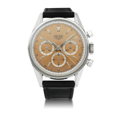 View full screen - View 1 of Lot 204. HEUER | REFERENCE CS3112 CARRERA 1964 LEMANIA SALMON A STAINLESS STEEL CHRONOGRAPH WRISTWATCH WITH REGISTERS, CIRCA 1996.