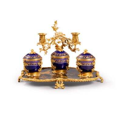 View full screen - View 1 of Lot 729. A gilt-bronze mounted Chinese lacquer and inkstand, mid 18th century, with three porcelain covered pots mid-19th century.
