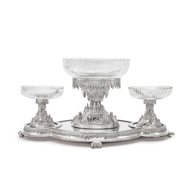 View full screen - View 1 of Lot 1129. An English Three-Piece Silver-Plated and Cut-Glass Arctic Garniture Set with Matching Mirror Plateau, Circa 1876 .