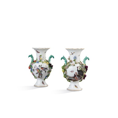 View full screen - View 1 of Lot 590. A pair of Meissen porcelain ornithological two-handled baluster vases, circa 1750-60 .
