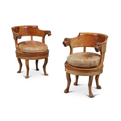 View full screen - View 1 of Lot 378. A Near Pair of Directoire Mahogany Rotating Desk Chairs, Circa 1800.