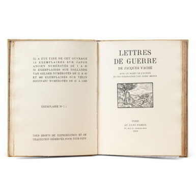 View full screen - View 1 of Lot 224. Lettres de guerre. Paris, 1919. Édition sur Hollande. Exemplaire sur Hollande. De la bibliothèque de Paul Éluard. .