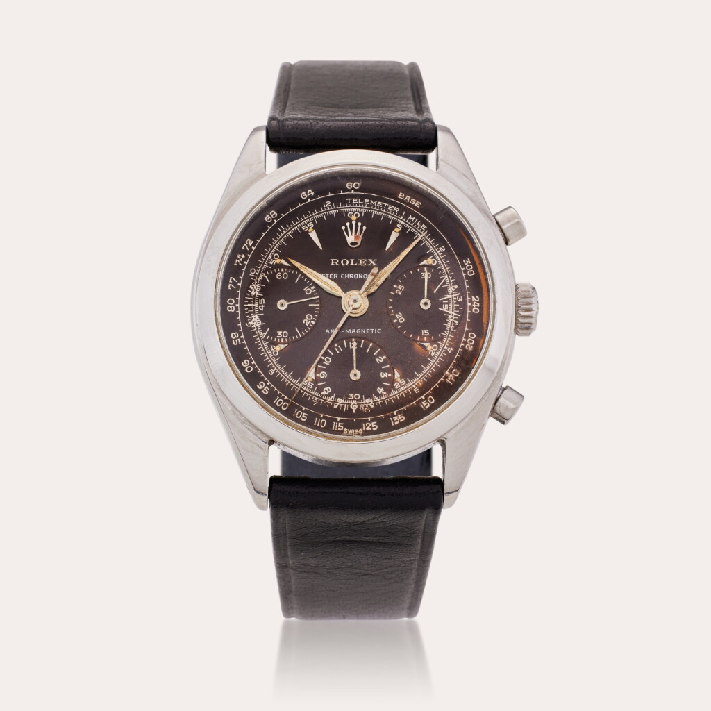 View full screen - View 1 of Lot 65. Reference 6234 ‘Pre-Daytona’ | A stainless steel chronograph wristwatch with gilt dial, Circa 1961.