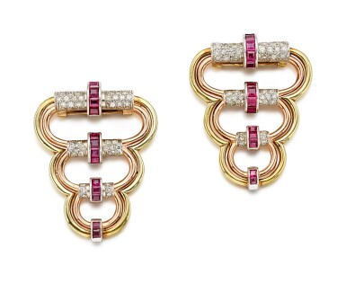 View full screen - View 1 of Lot 9030. Pair of Ruby and Diamond Double-Clip Brooches | 卡地亞 | 紅寶石 配 鑽石 胸針一對.