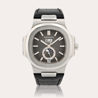View full screen - View 1 of Lot 356. Nautilus, reference 5726A-001 Montre bracelet calendrier annuel en acier avec phases de lune et indicateur 24h | Stainless steel annual calendar wristwatch with moon phases and 24 hour indication Vers 2011 | Circa 2011.