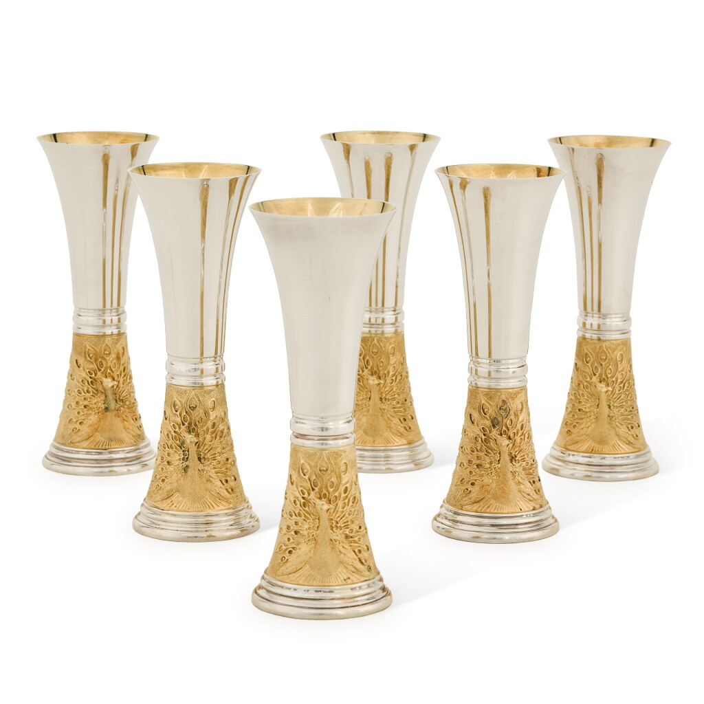 View full screen - View 1 of Lot 215. A cased set of six parcel-gilt silver goblets, Jocelyn Burton, London, 1979.