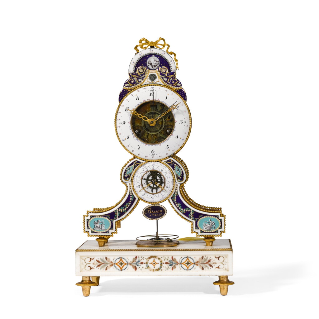 View full screen - View 1 of Lot 104. A rare Directoire gilt-bronze, enamel and white marble skeleton clock with revolutionary time and calendar, Bisson, Paris, circa 1795, the enamels by Joseph Coteau.
