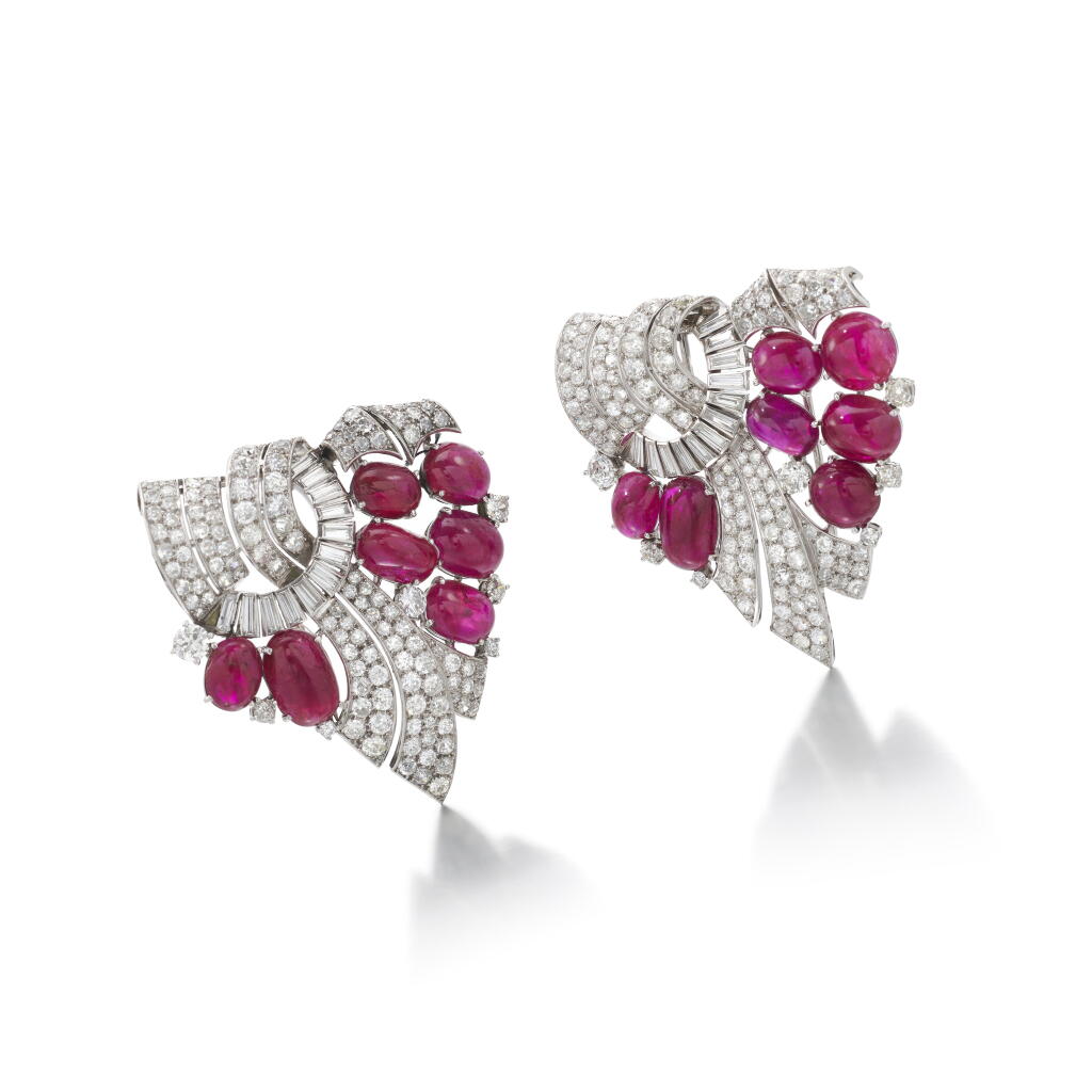 View full screen - View 1 of Lot 79. Ruby and diamond double clip | Coppia di clip in rubini e diamanti.