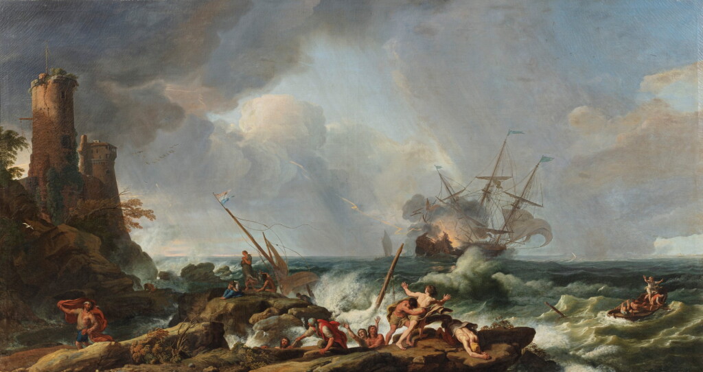 View full screen - View 1 of Lot 92. A storm on a rocky coast | Tempête sur une côte rocheuse avec un orage.