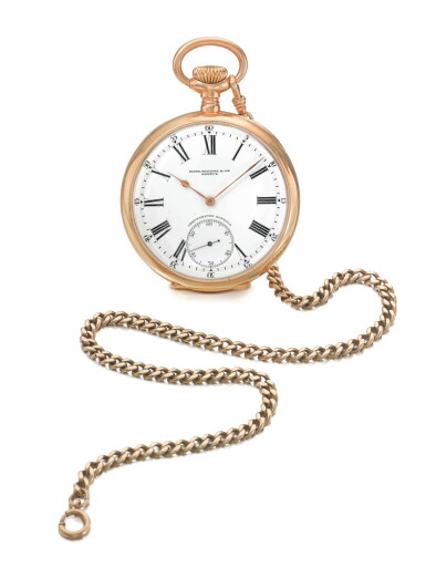 View full screen - View 1 of Lot 86. PATEK PHILIPPE | RETAILED BY GONDOLO & LABOURIAU: A LARGE PINK GOLD OPEN FACED WATCH MADE IN 1906.