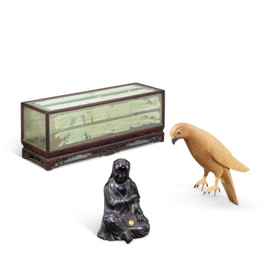 Two wood carvings and a wood and glass showcase | 木雕兩件及木雕玻璃展示盒一件