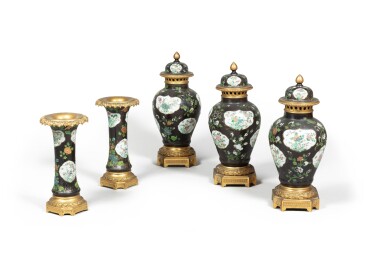 View full screen - View 1 of Lot 9. A set of five gitltbronze mounted and Famille Noire vases, late 19th century, the mounts in Louis XVI style | Garniture en porcelaine de Chine de la Famille Noire et bronze doré, de style Louis XVI, fin du XIXe siècle.