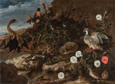 View full screen - View 1 of Lot 14. Birds, hedgehogs, a tortoise, frogs and other creatures on the banks of a stream, a coastline beyond.