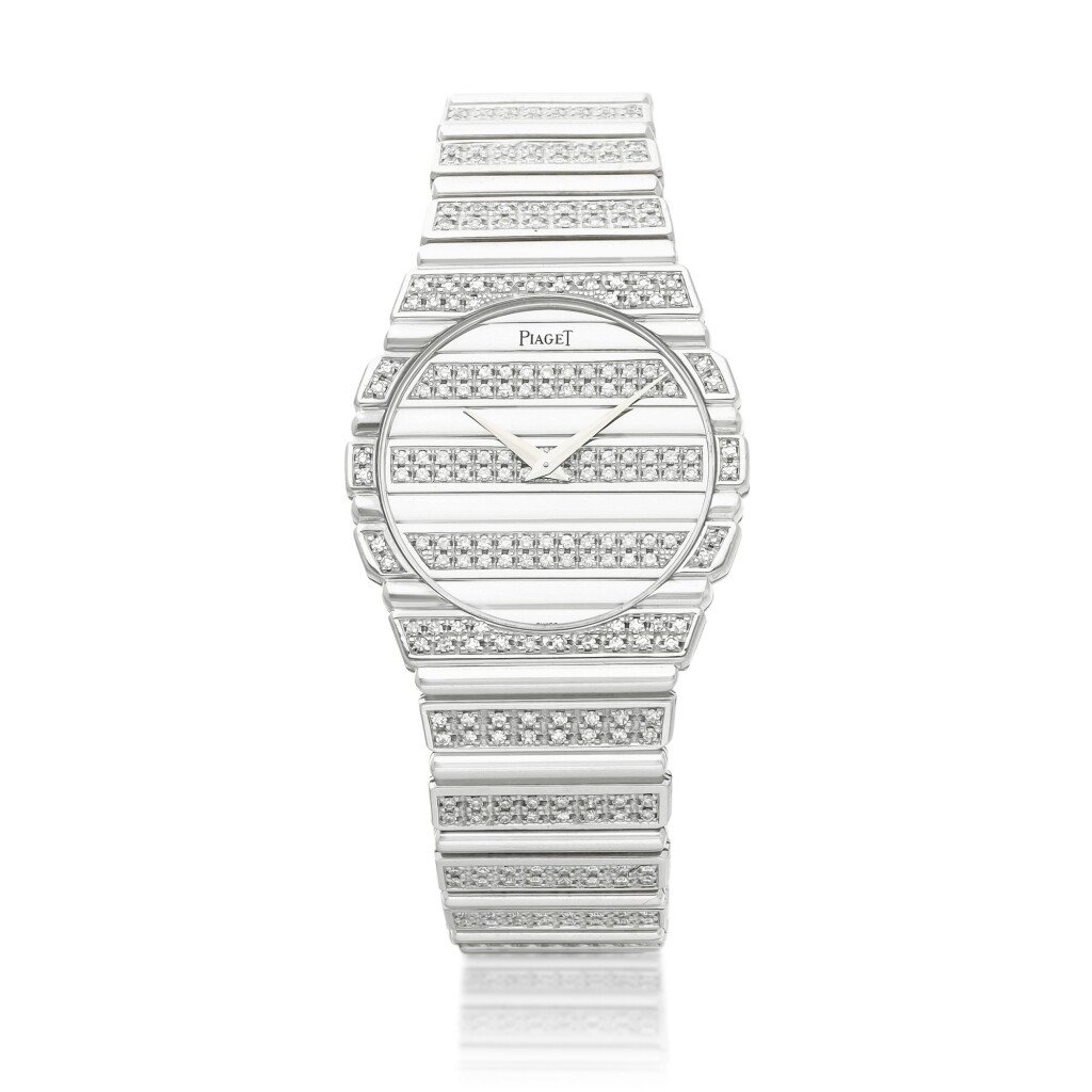 View full screen - View 1 of Lot 8072. Polo, Reference 7561 C725, A white gold and diamond-set bracelet watch, Circa 1985 | 伯爵 Polo 型號7561C725 白金鑲鑽石鏈帶腕錶,約1985年製.