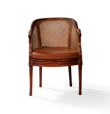 View full screen - View 1 of Lot 89. A caned and carved walnut fauteuil de bureau, Louis XVI, stamped I.B SENE, late 18th century | Fauteuil de bureau en noyer canné et sculpté, estampillé I.B SENE, d'époque Louis XVI, fin du XVIIIème siècle.