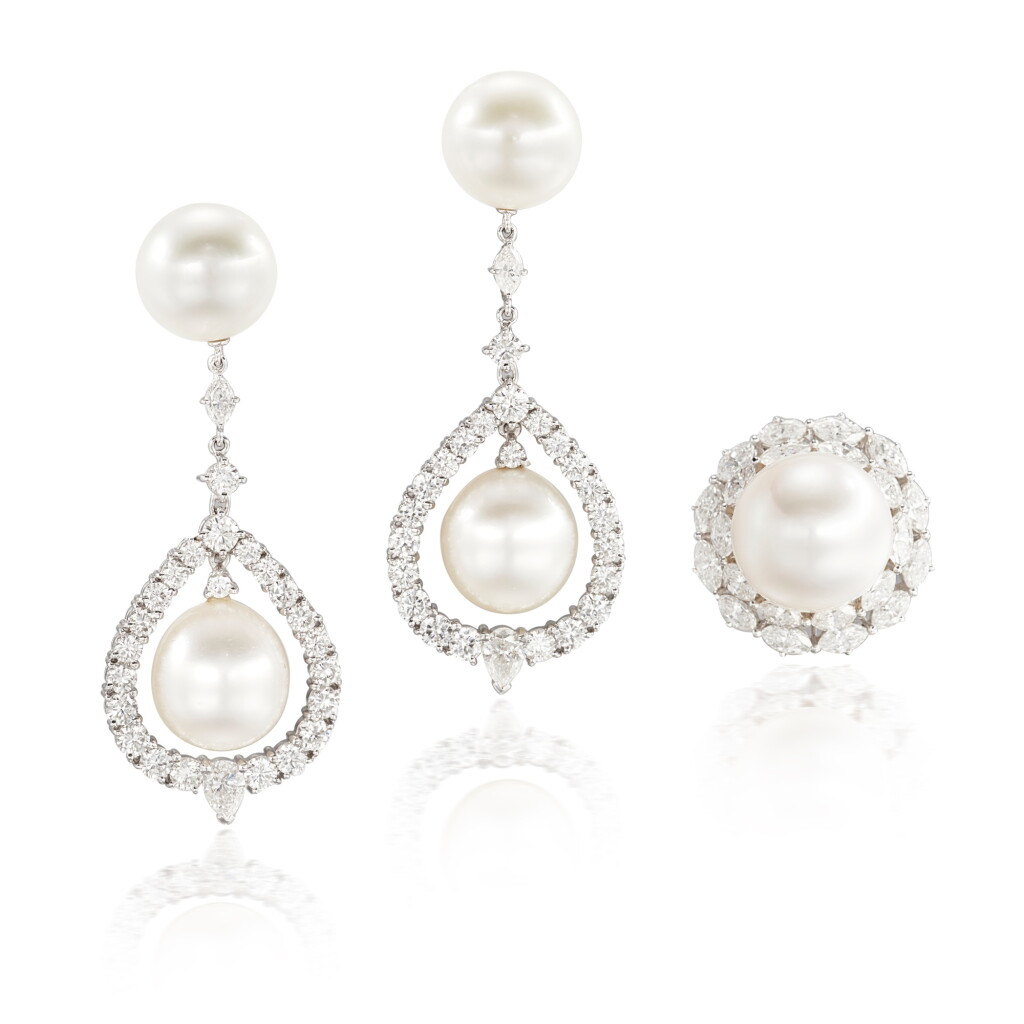 View full screen - View 1 of Lot 514. Cultured Pearl and Diamond Ring; and Cultured Pearl and Diamond Pendent Earrings | 養殖珍珠 配 鑽石 戒指 及 耳墜 一對.