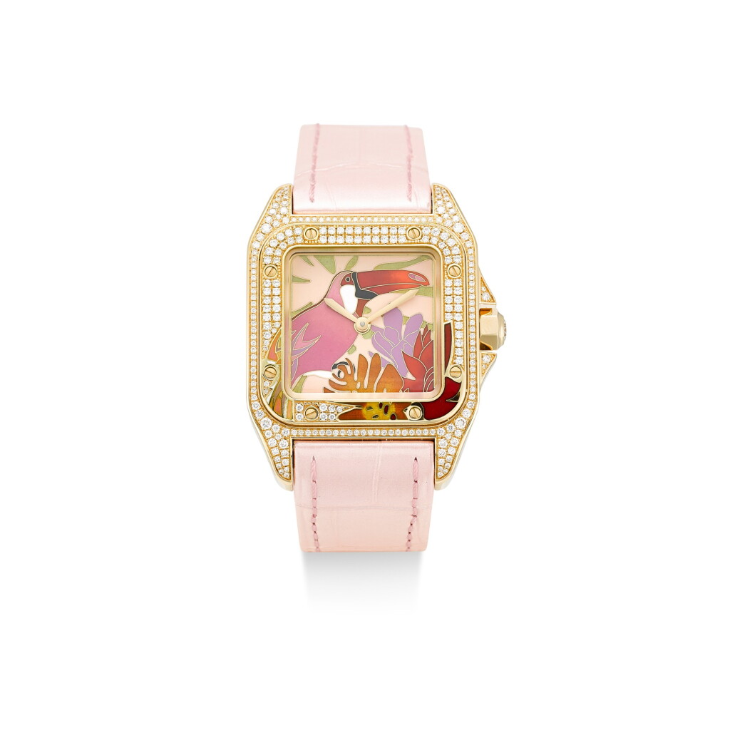 View full screen - View 1 of Lot 374. CARTIER | REFERENCE 2880L A LIMITED EDITION YELLOW GOLD AND DIAMOND-SET WRISTWATCH WITH CLOISONNÉ ENAMEL DIAL, CIRCA 2016.