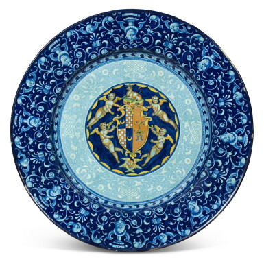 View full screen - View 1 of Lot 6. A Faenza maiolica berrettino-ground dated armorial charger, 1532, workshop of Piero and Paulo Bergantini.