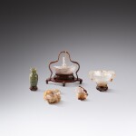 A group of four carved agate implements and a spinach-green jade miniature vase, Qing dynasty | 清 瑪瑙雕文房器 及 碧玉雕小瓶 一組五件