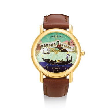 View full screen - View 1 of Lot 2249. ULYSSE NARDIN | SAN MARCO VENEZIA, REFERENCE 131-77-9 A LIMITED EDITION YELLOW GOLD WRISTWATCH WITH CLOISONNÉ ENAMEL DIAL, CIRCA 1997 " | 雅典 | San Marco Venezia 型號131-77-9 限量版黃金腕錶,備掐絲琺瑯錶盤,錶殼編號7643及15/35,約1997年製".