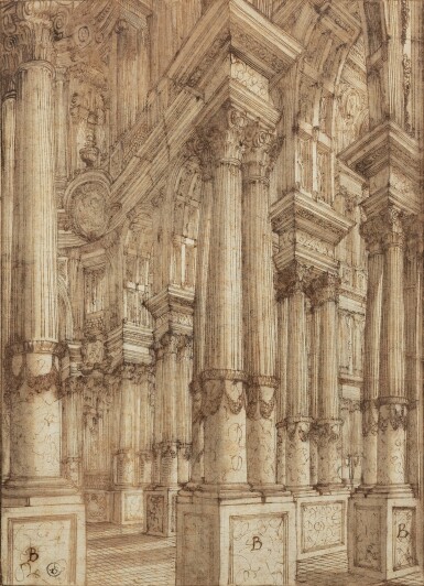 View full screen - View 1 of Lot 152. A) Palatial Court with Fluted Corinthian Columns B) A Portico with a staircase.