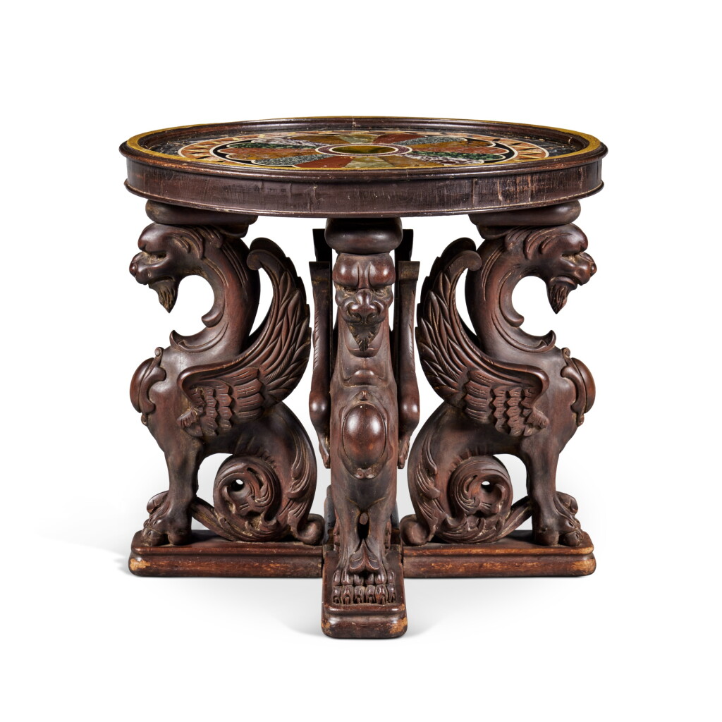 View full screen - View 1 of Lot 560. An Italian Specimen Marble Table Top on Stained Walnut Figural Stand, 19th Century.