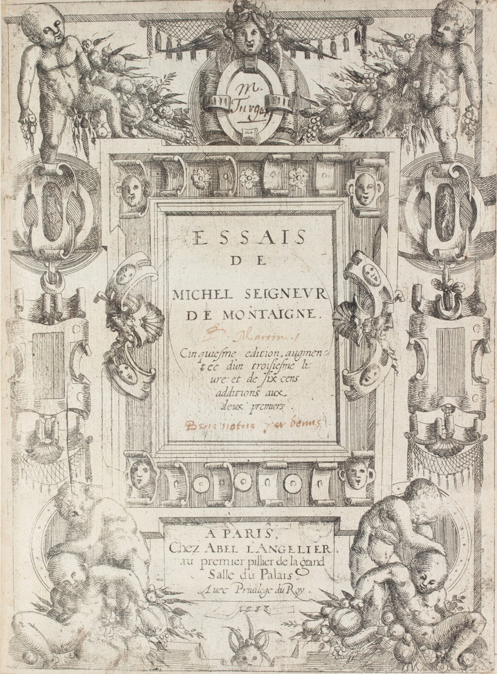 View full screen - View 1 of Lot 53. Essais. Abel L'Angelier, 1588. In-4. Maroquin vert. Édition originale. Bel exemplaire, grand de marges.