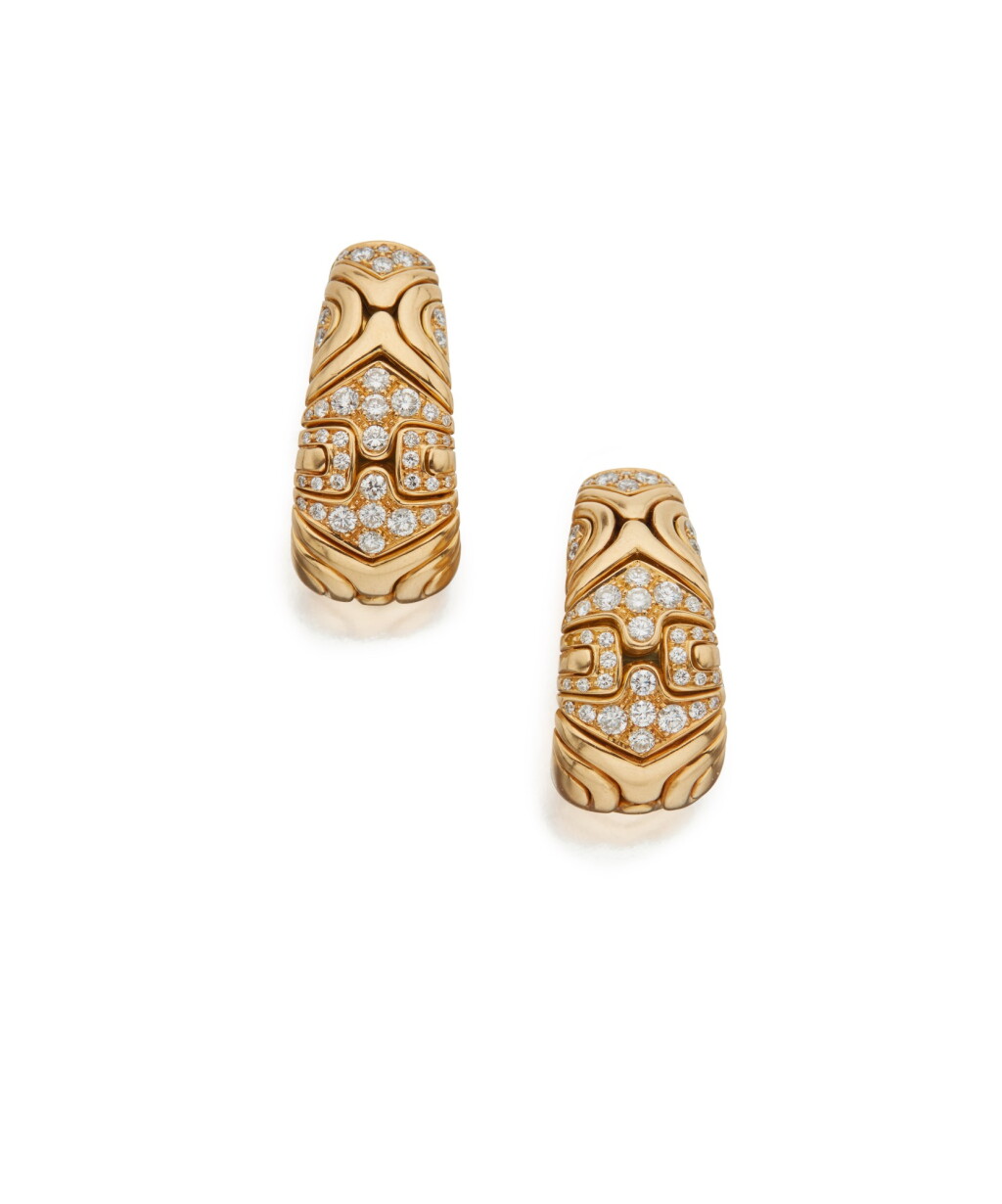 View full screen - View 1 of Lot 49. PAIR OF GOLD AND DIAMOND 'ALVEARE' EARCLIPS, BULGARI.