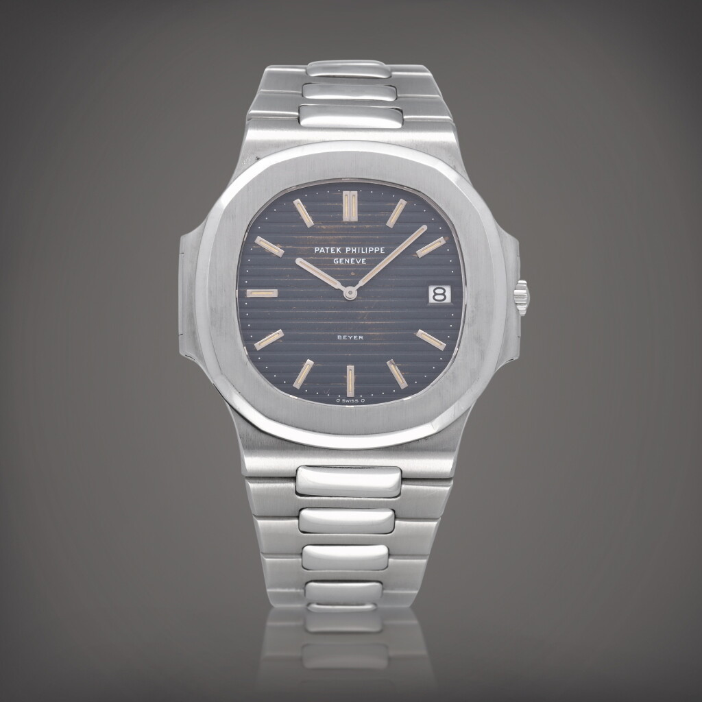 View full screen - View 1 of Lot 54. Retailed by Beyer: Nautilus 'Jumbo', Reference 3700 A stainless steel wristwatch with date and bracelet Made in 1977 | 零售商為Beyer:百達翡麗 | Nautilus 'Jumbo’ 型號 3700 精鋼鍊帶腕錶備日期顯示,製作年份 1977.
