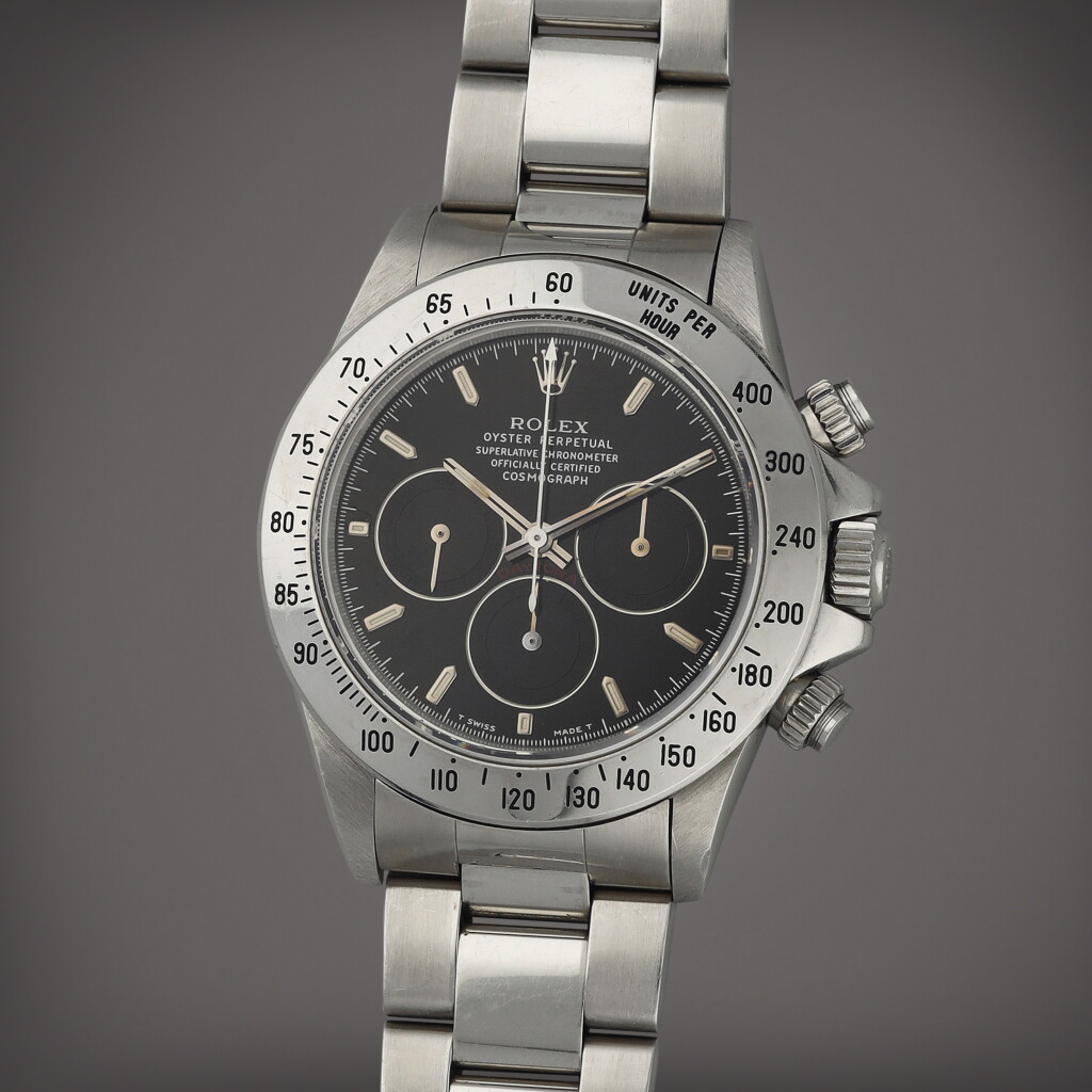 View full screen - View 1 of Lot 91. Daytona 'Darth Vader', Reference 16520 A stainless steel chronograph wristwatch with bracelet and 'tropical inverted 6' dial Circa 1993.