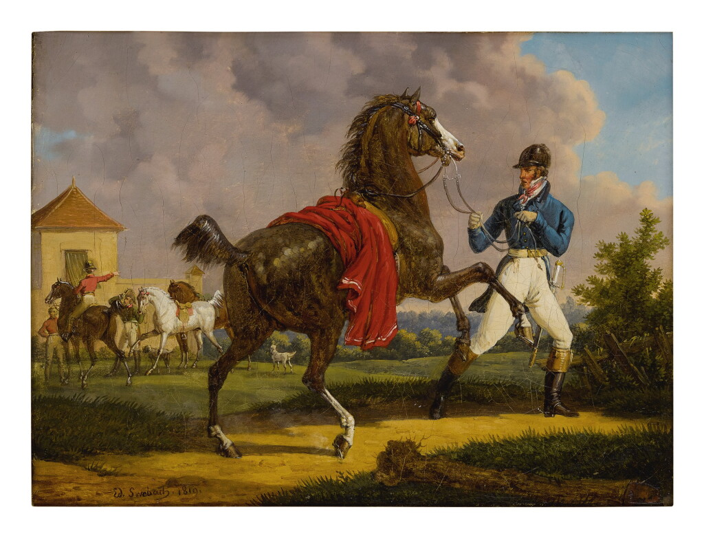 View full screen - View 1 of Lot 52. BERNARD ÉDOUARD SWEBACH | EQUERRY WITH HORSE OF LOUIS XVIII OUTSIDE THE ROYAL STABLES.