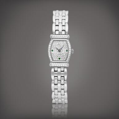 View full screen - View 1 of Lot 8844. Carnegie, Reference 67102BC | A white gold, diamond and emerald-set bracelet watch, Circa 2000 | 愛彼 | Carnegie 型號67102BC | 白金鑲鑽石及綠寶石鏈帶腕錶,約2000年製.
