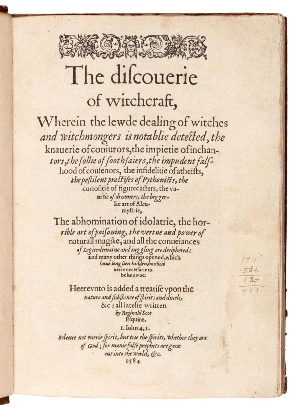 View full screen - View 1 of Lot 138. Reginald Scot | The discoverie of witchcraft, London, 1584, later calf tooled in period style, Sutherland copy.