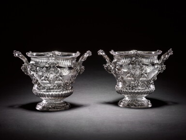 View full screen - View 1 of Lot 34. Royal: an important pair of George III silver wine coolers, Parker & Wakelin, London, 1763, after a design by Pierre Germain.