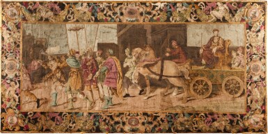 View full screen - View 1 of Lot 25. A silk painted and appliqué genre panel depicting the Triumph of Joseph, late 17th century, probably French.