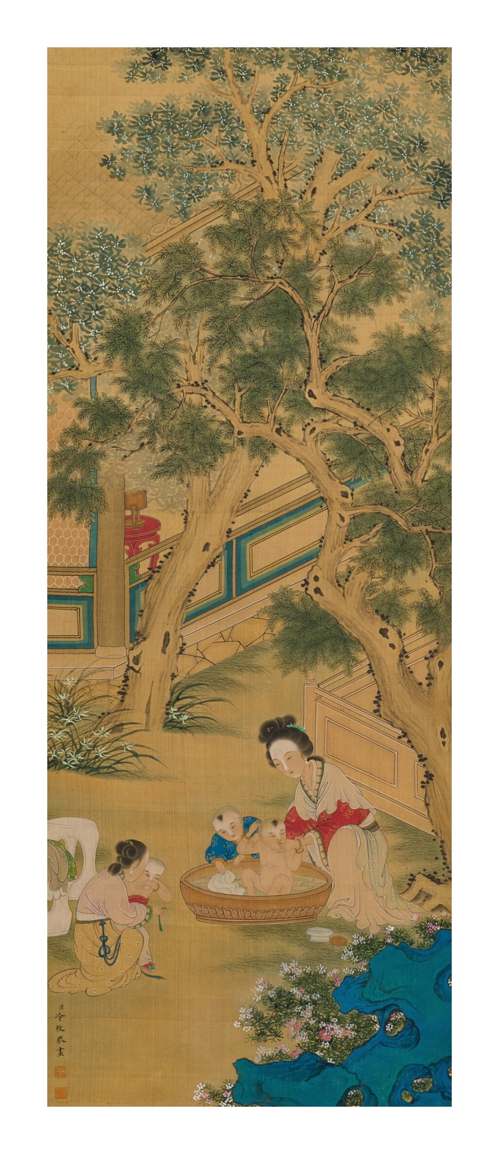 Voir en plein écran - Voir 1 du lot 612. Attributed to Leng Mei Figures | 冷枚(款) 浴嬰圖 設色絹本 立軸.