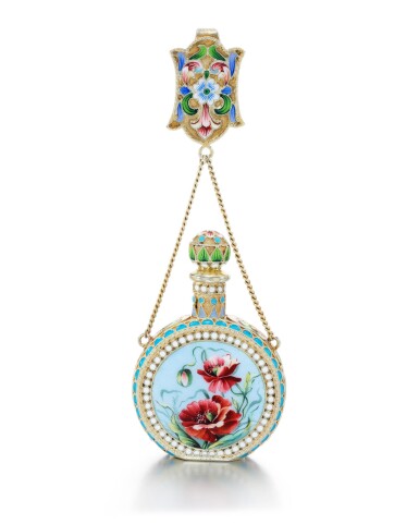View full screen - View 1 of Lot 122. A SILVER-GILT, CLOISONNÉ AND PICTORIAL ENAMEL SCENT BOTTLE, MARIA SEMENOVA, MOSCOW, CIRCA 1899-1908.