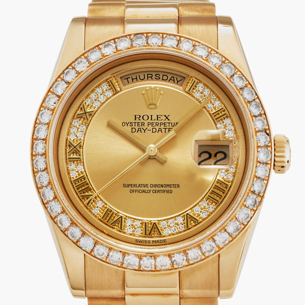 View full screen - View 1 of Lot 345. Reference 118208 Day-Date | A yellow gold and diamond-set automatic wristwatch with day, date, bracelet and diamond-set dial, Circa 2000.