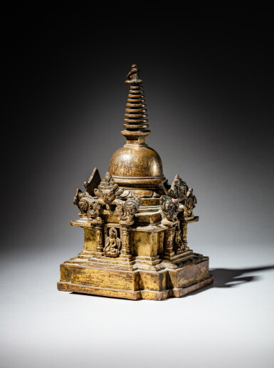 View full screen - View 1 of Lot 150. A gilt-copper stupa, Nepal, 15th century | 尼泊爾 十五世紀 鎏金銅佛塔.