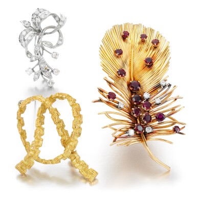 View full screen - View 1 of Lot 50. Ruby and diamond brooch, 1950s; a diamond brooch and a gold brooch, 1971.