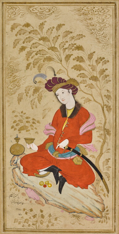 View full screen - View 1 of Lot 168. A PORTRAIT OF NAZAR 'ALI BEG, SON OF ALQAS MIRZA BY MU'IN MUSAVVIR, ISFAHAN, PERSIA, DATED 1084 AH/1674-5 AD.