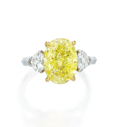 View full screen - View 1 of Lot 14. FANCY INTENSE YELLOW DIAMOND AND DIAMOND RING.