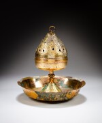 A gilt-bronze and silver-inlaid incense burner and basin, Han dynasty | 漢 鎏金銅錯銀香爐連盤