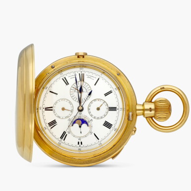 View full screen - View 1 of Lot 2429. A heavy and very large yellow gold two-train grande and petite sonnerie trip minute repeating perpetual calendar chronograph hunting case keyless lever clock watch, with moon phases, leap year, central 60-minute register and enamel dial, Made in 1884.